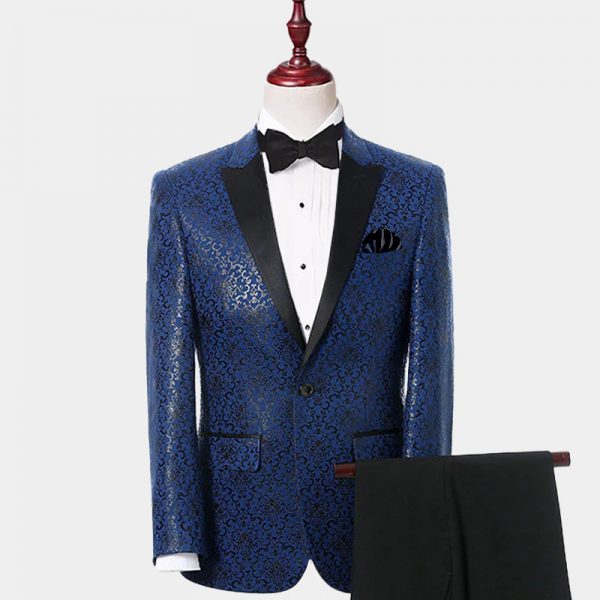 Blue Floral Tuxedo Jacket With Black Trim Gentleman's Guru
