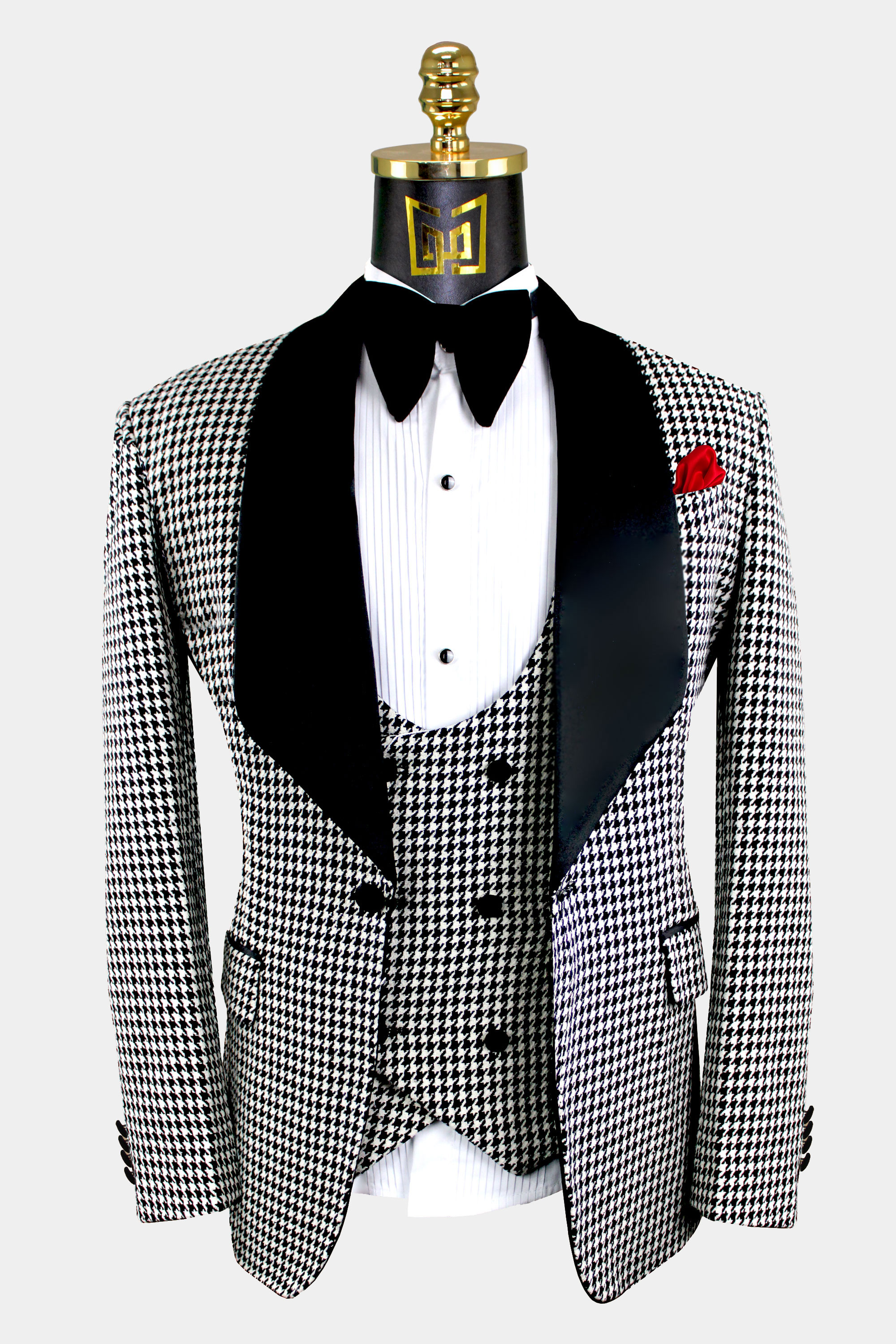 Premium White&Black Grid Plaid Men Check Houndstooth Dogstooth Tuxedo Prom Suit 