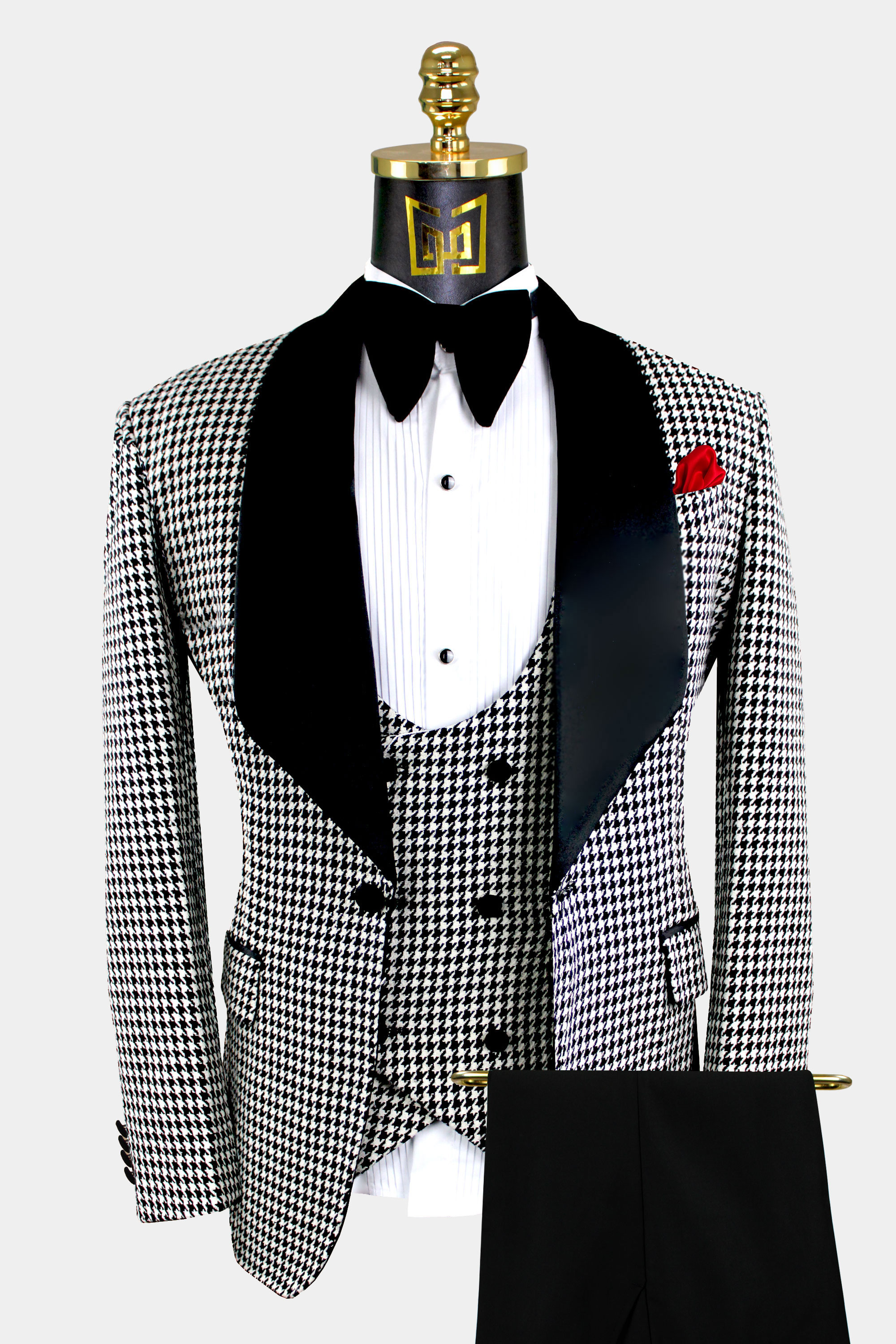 Men's Formal Black Suits Houndstooth Vest Wedding Prom Dinner Groom Tuxedos 