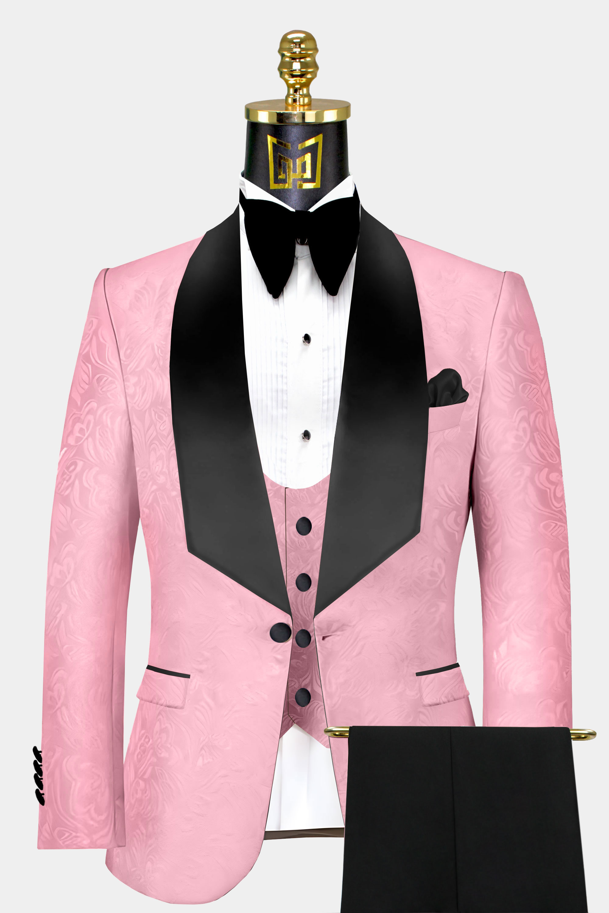 Floral Pink & Black Tuxedo with Shawl Lapel - 3 Piece