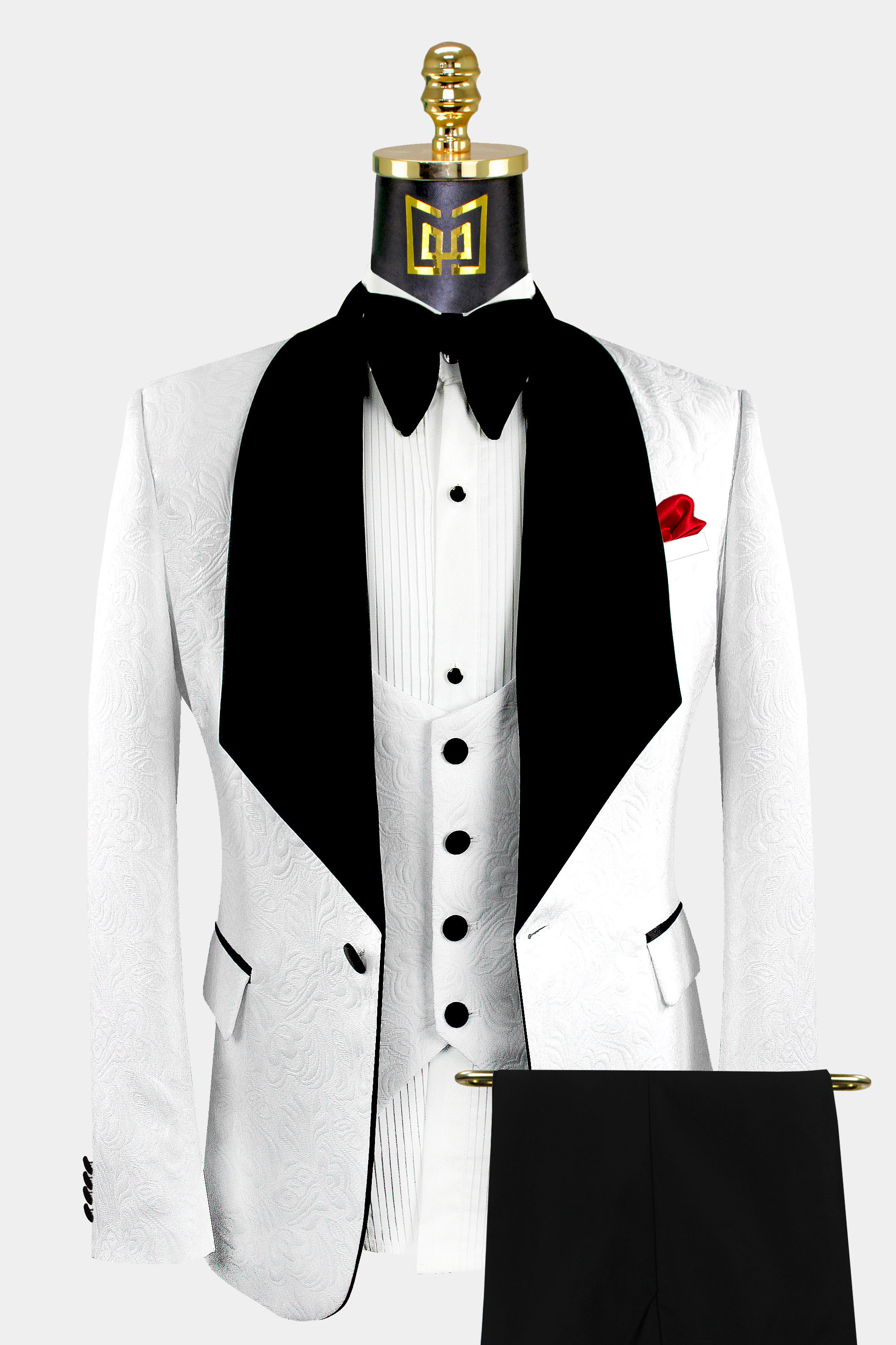 Floral White & Black Tuxedo with Shawl Lapel - 3 Piece