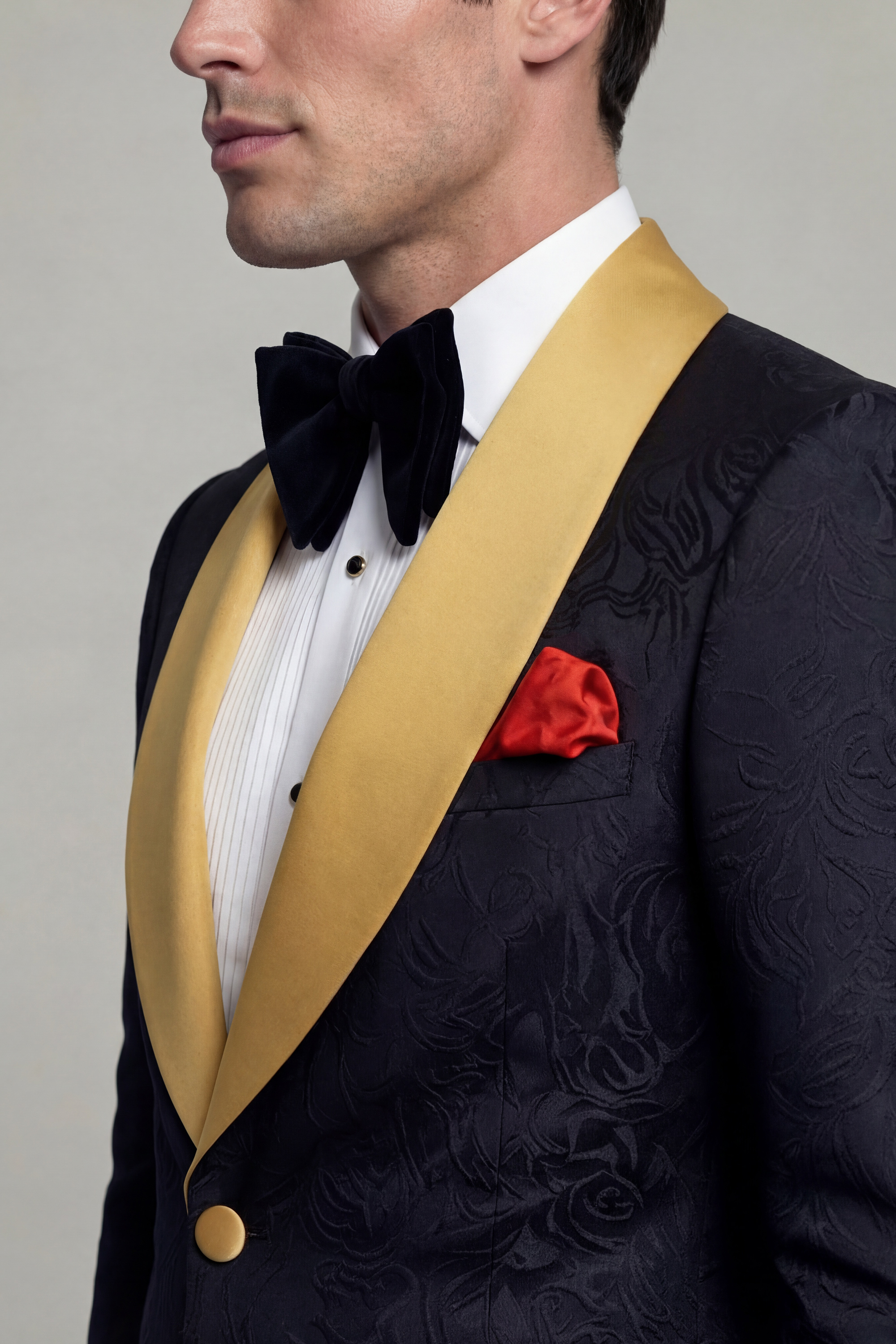 Gold-and-Black-Tuxedo-Groom-Wedding-Outfit-Gold-Trim-from-Gentlemansguru.com