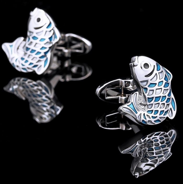 Blue Silver Fish Cufflinks Set for Men from Gentlemansguru.com