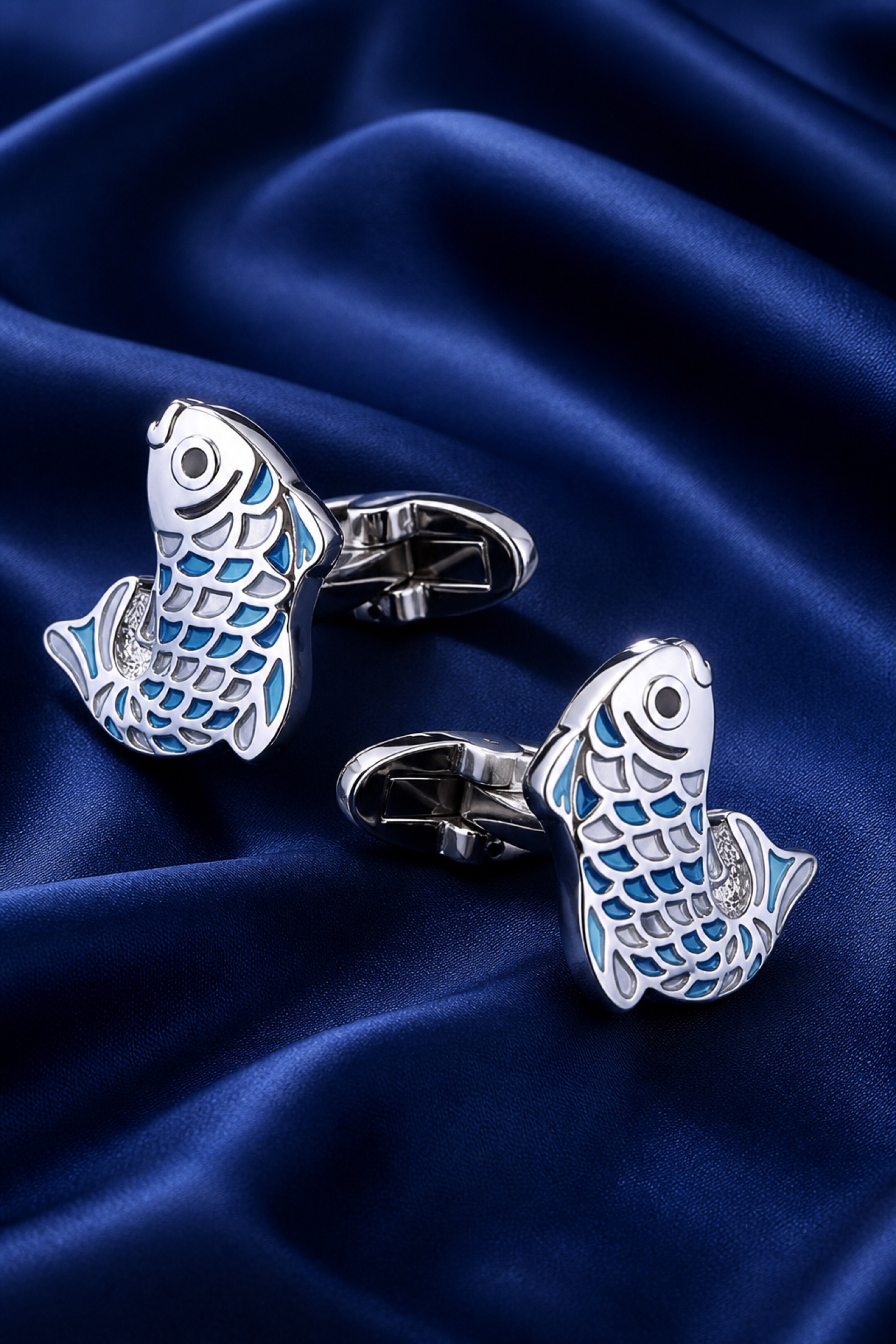 Mens Blue Enamel Fish Cufflinks from Gentlemansguru.com