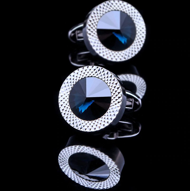 Mens Silver Round Blue Crystal Cufflinks Set from Gentlemansguru.com