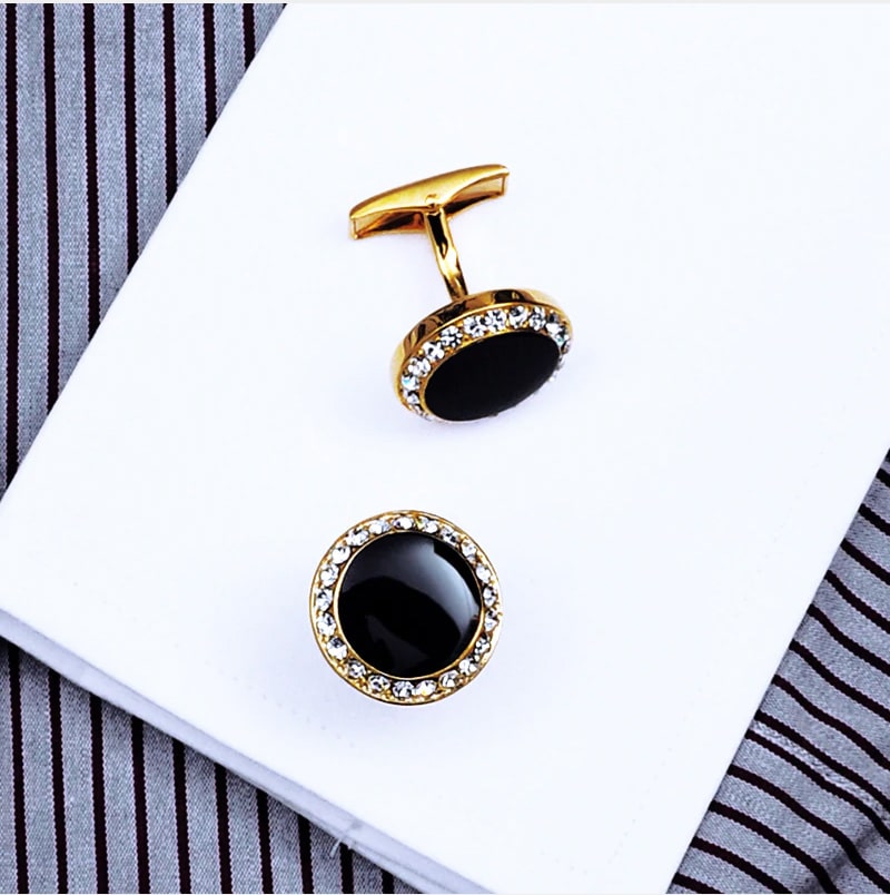 Round Gold Black Cufflinks Button Shirt Cufflinks Black and Gold Cufflinks With Crystal from Gentlemansguru.com