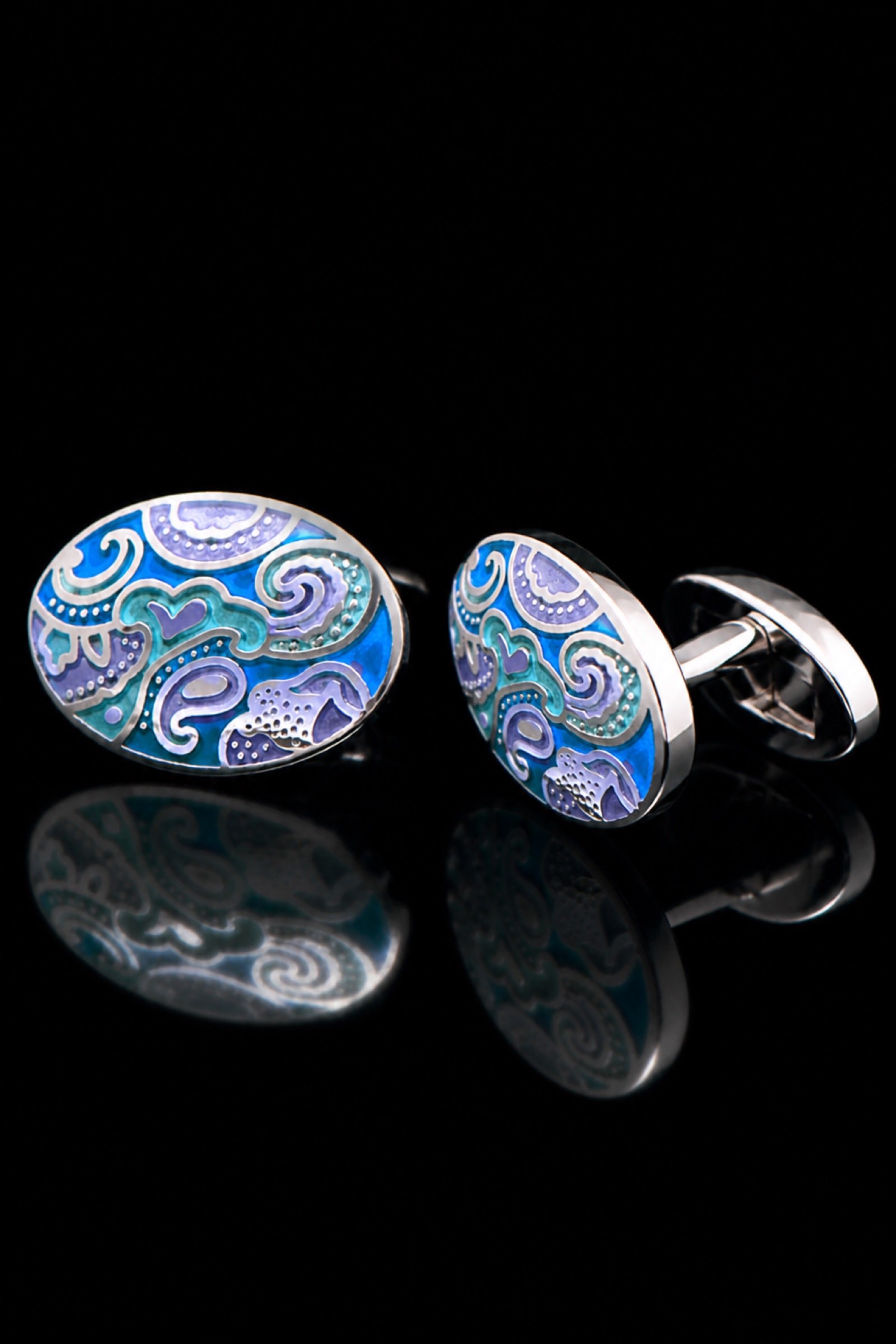 Silver and Blue Paisley Enamel Cufflinks from Gentlemansguru.com