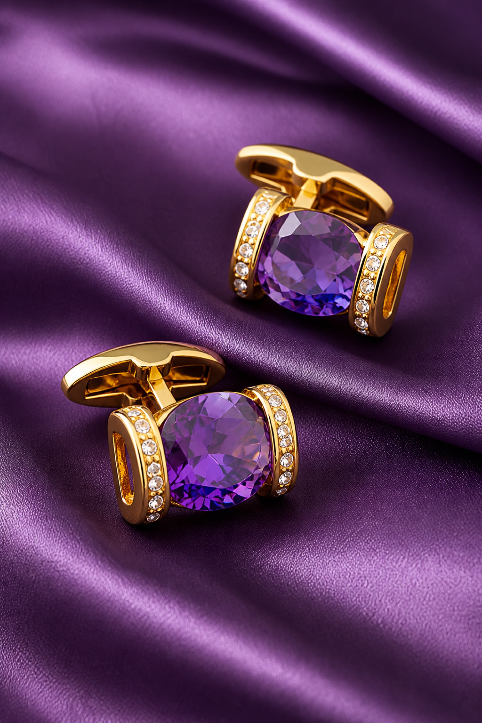 Amethyst and gold wedding cufflinks arranged on matching purple silk from Gentlemansguru.com