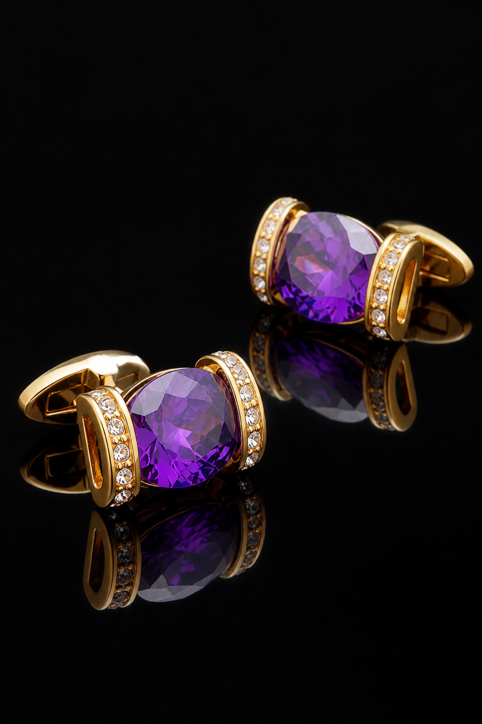 Amethyst purple and gold cufflinks for formal wear on a black studio background from Gentlemansguru.com
