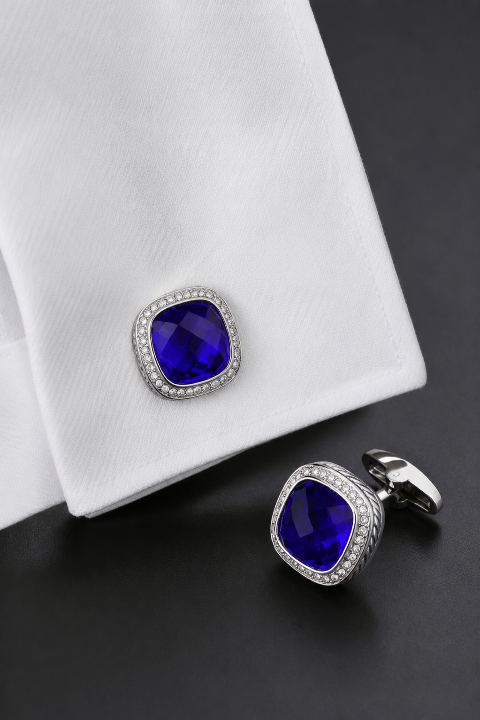 Cobalt Blue Crystal Cufflinks on French Cuff from Gentlemansguru.com