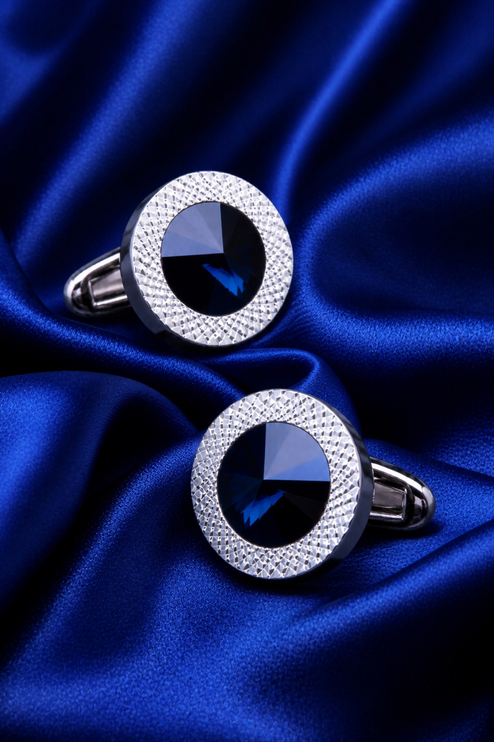 Cobalt blue crystal cufflinks with textured silver frames
