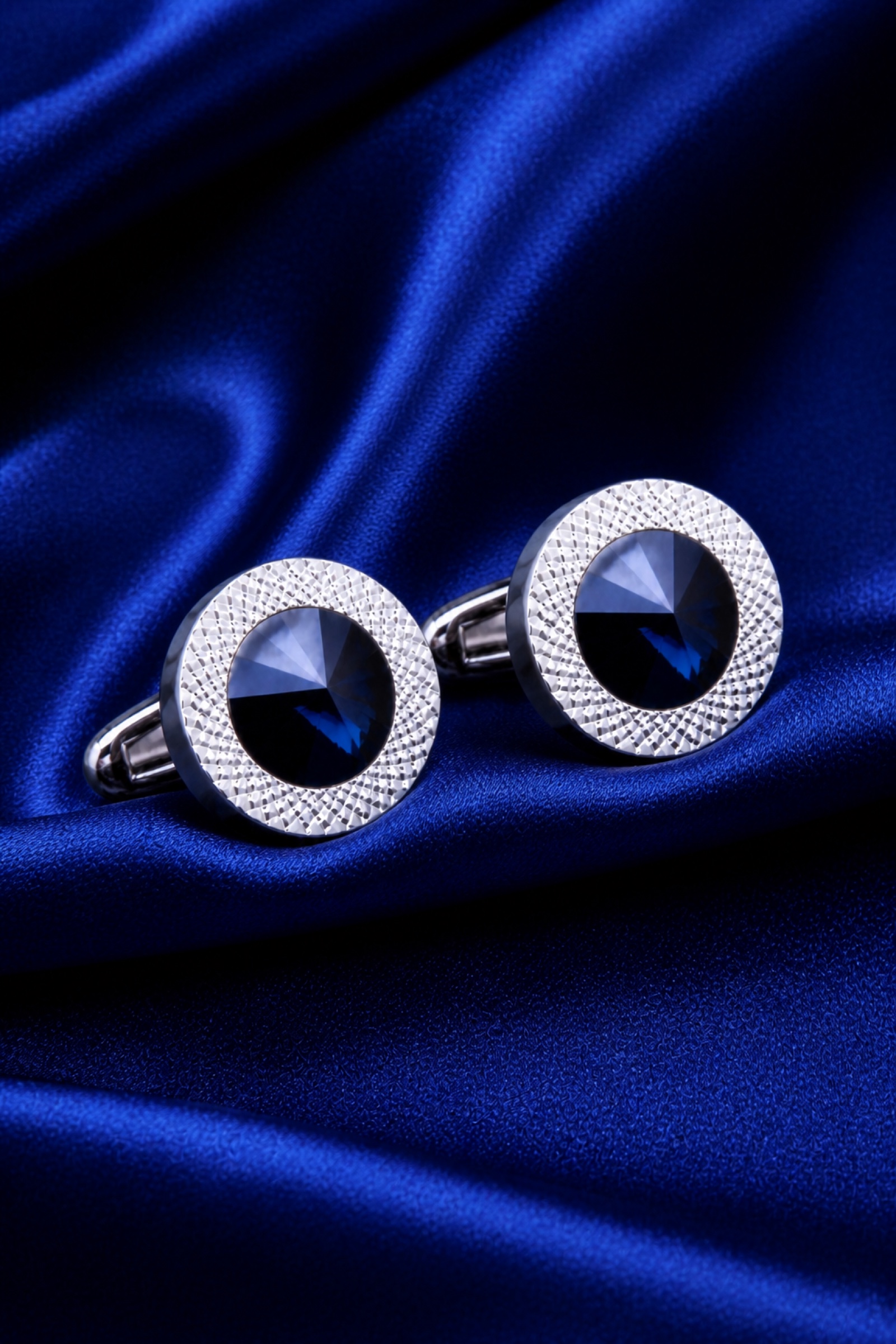 Designer round blue crystal cufflinks on cobalt silk