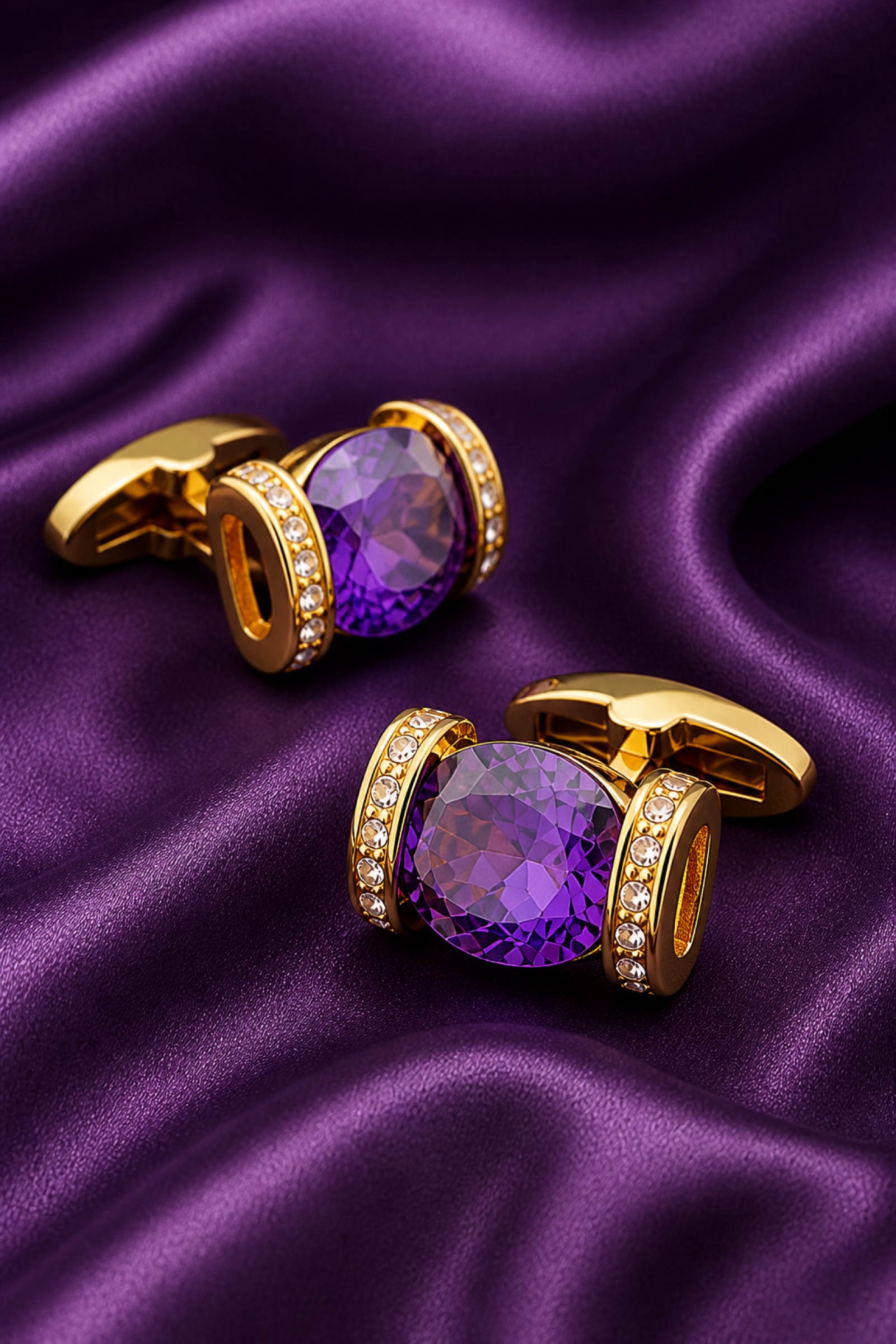 Lavender crystal and gold cufflinks for black tie events on luxurious purple silk from Gentlemansguru.com