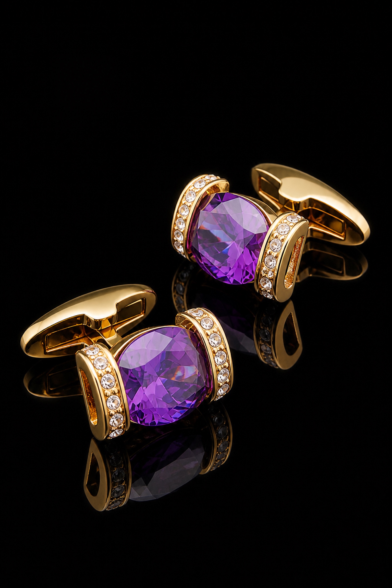 Lavender gemstone gold cufflinks for evening wear in an elevated black studio view from Gentlemansguru.com