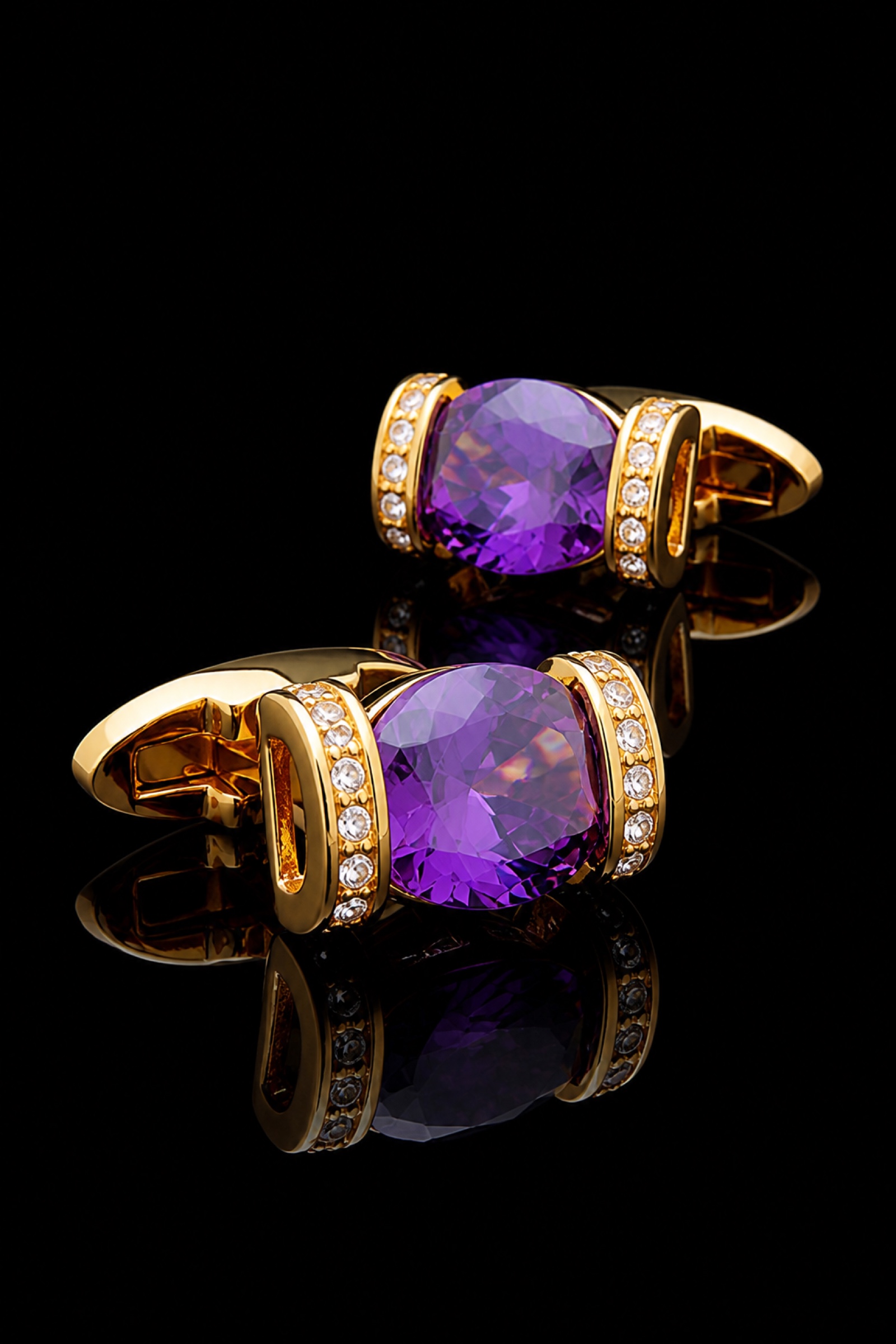 Luxury purple and gold cufflinks for men on a black reflective studio background from Gentlemansguru.com
