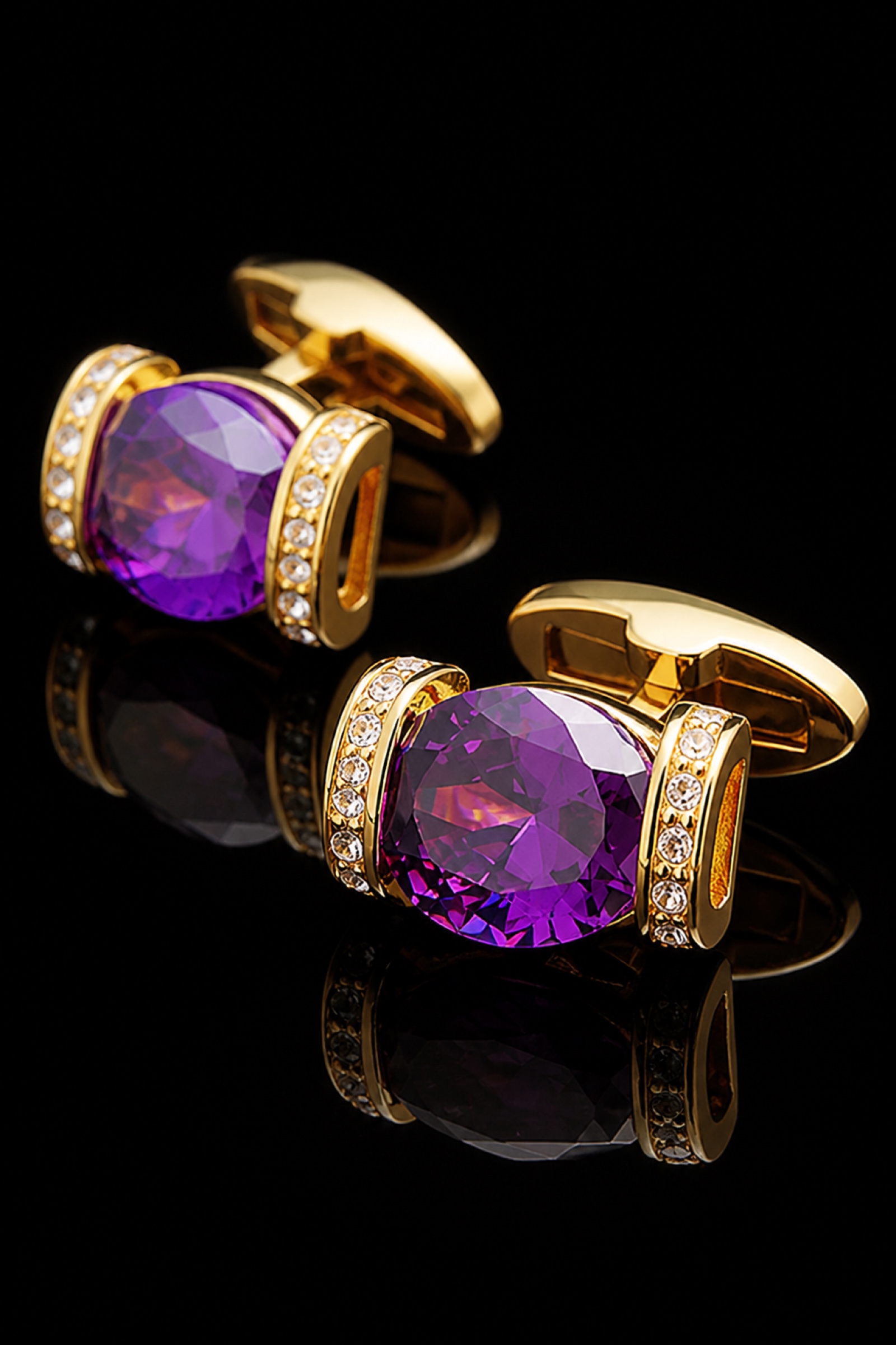 Purple crystal and gold cufflinks for wedding attire with polished whale-back clasps from Gentlemansguru.com