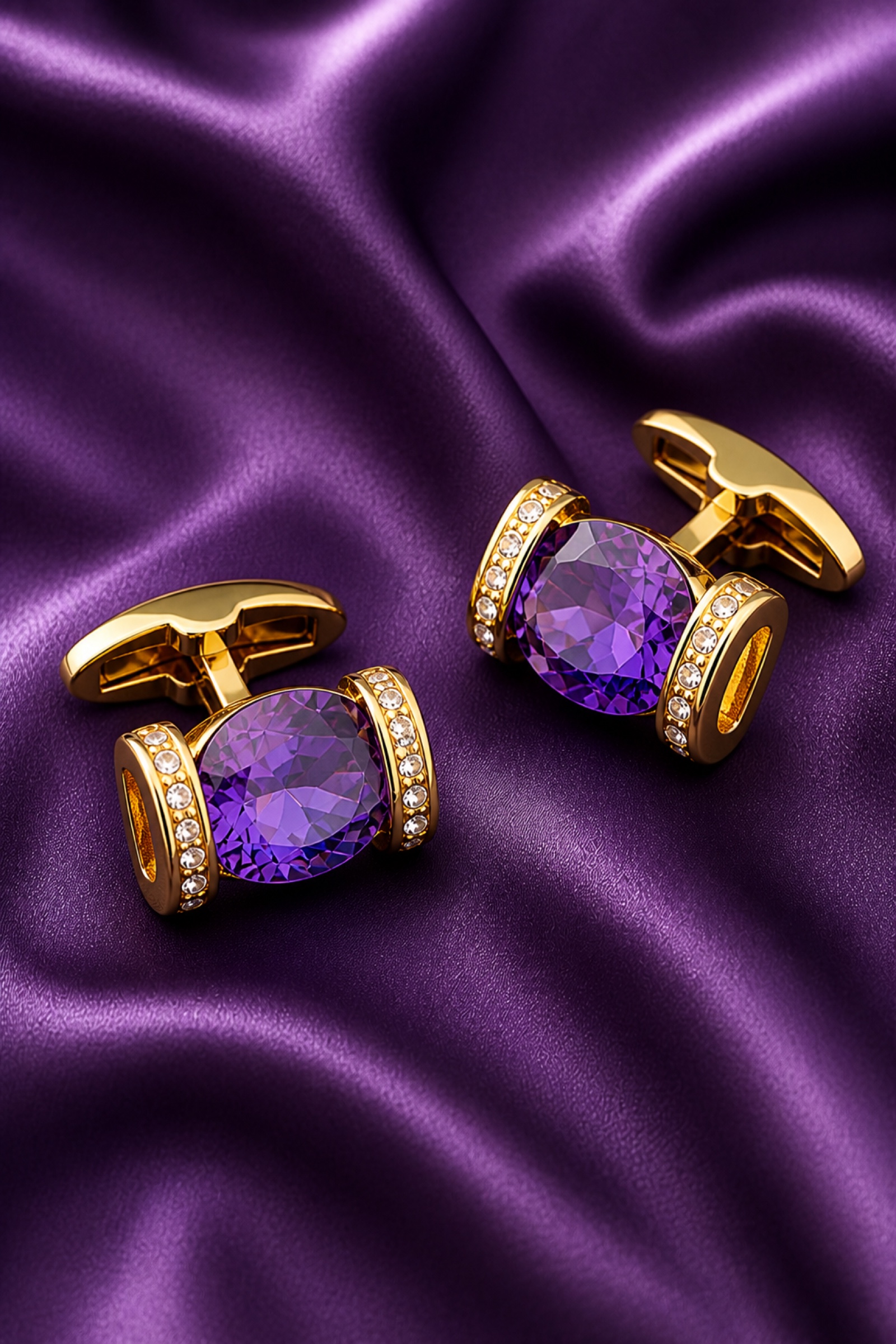 Purple and gold cufflinks as a groomsmen gift displayed on amethyst silk from Gentlemansguru.com