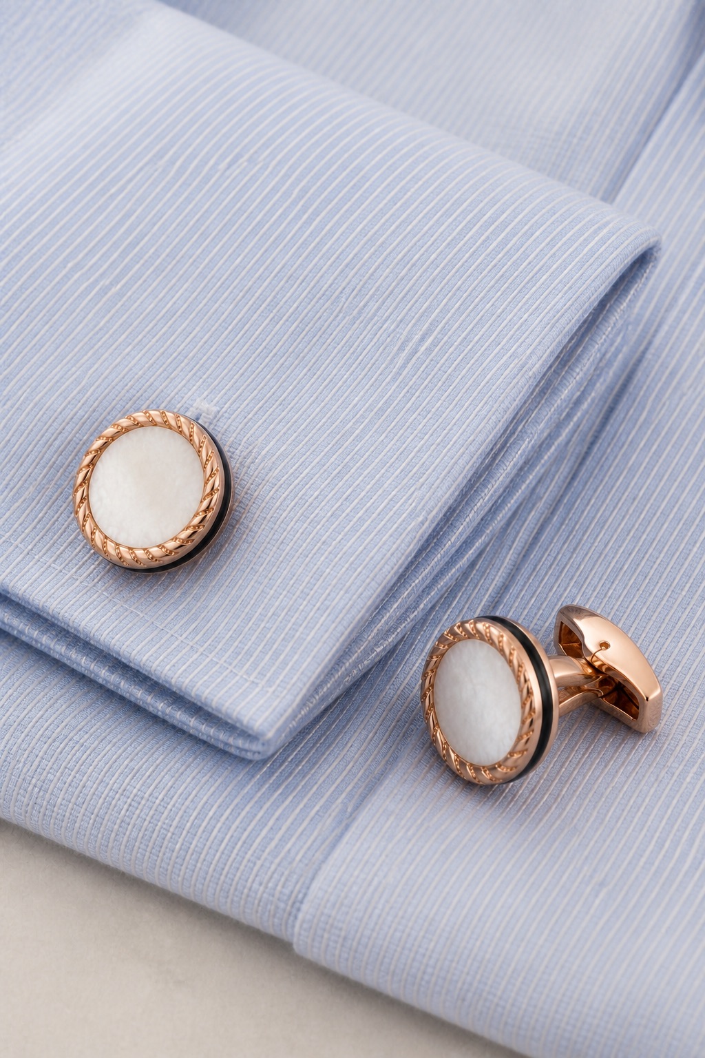 Rose Gold Mother of Pearl Cufflinks with Blue Dress Shirt from Gentlemansguru.com