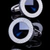 Round blue crystal cufflinks with textured silver rims for men