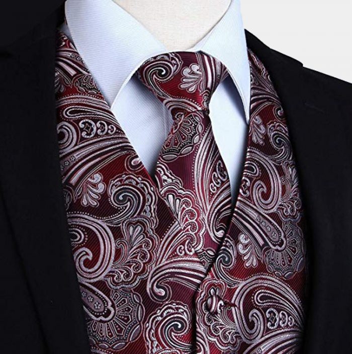 burgundy tuxedo vest and tie