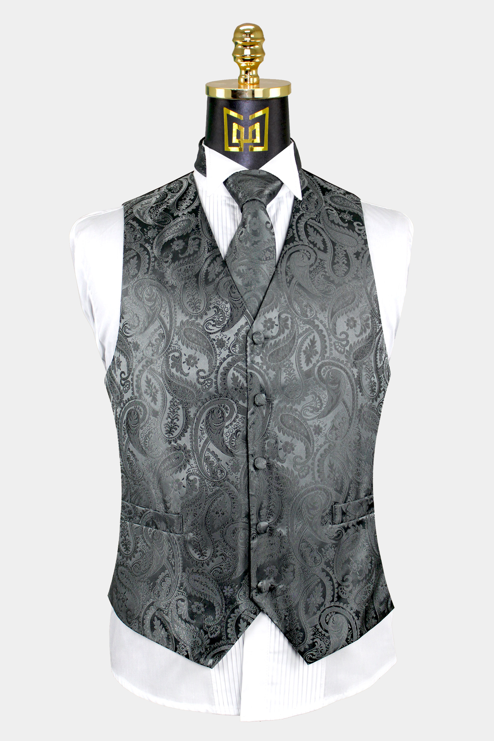 Charcoal Grey Paisley Vest & Tie Set - 3 Piece