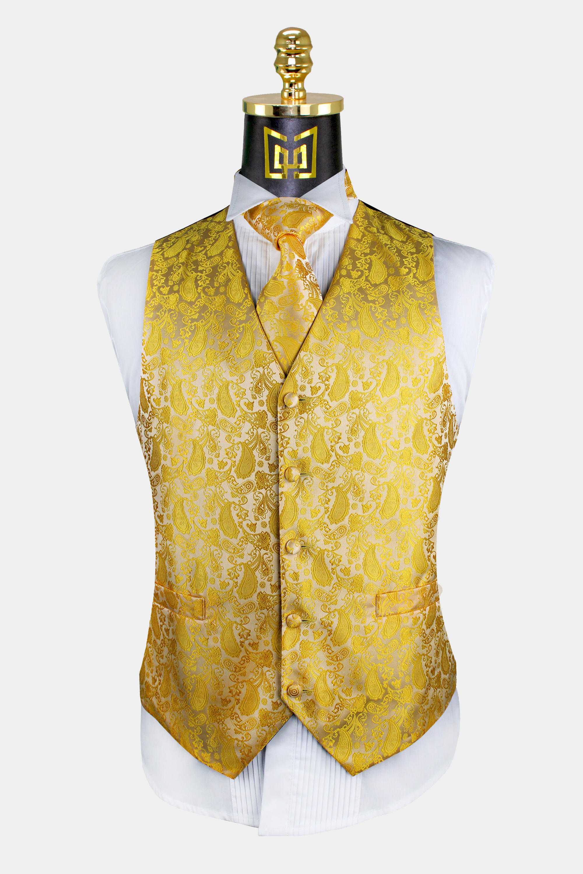 Gold Paisley Waistcoat & Tie Set - 3 Piece