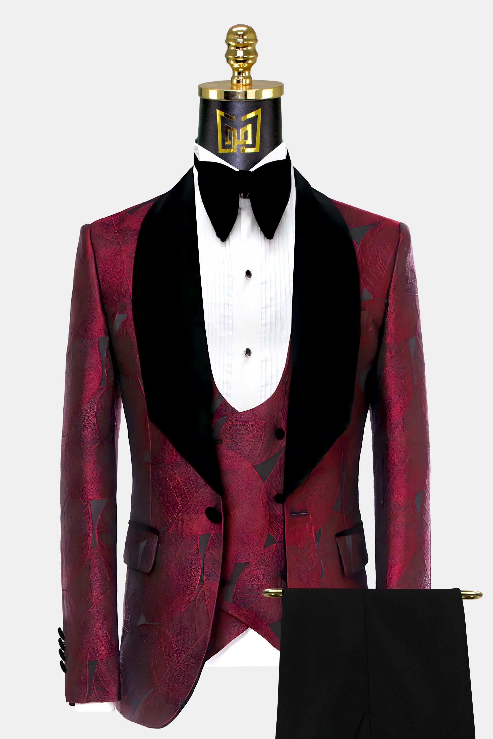 Deluxe Burgundy Tuxedo with Black Velvet Lapel - 3 Piece