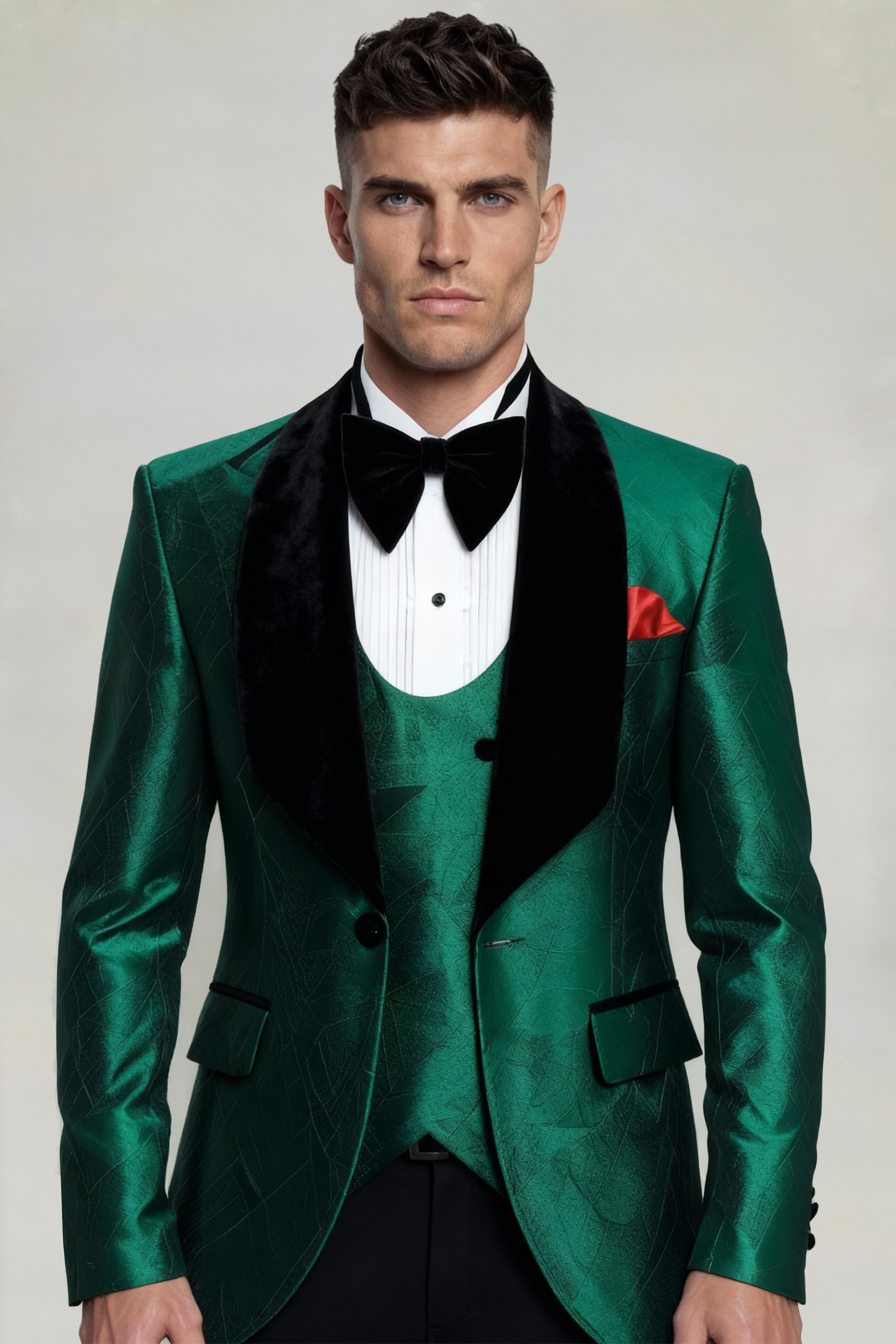 Fancy Emerald Green Tuxedo with Black Velvet Lapel - 3 Piece