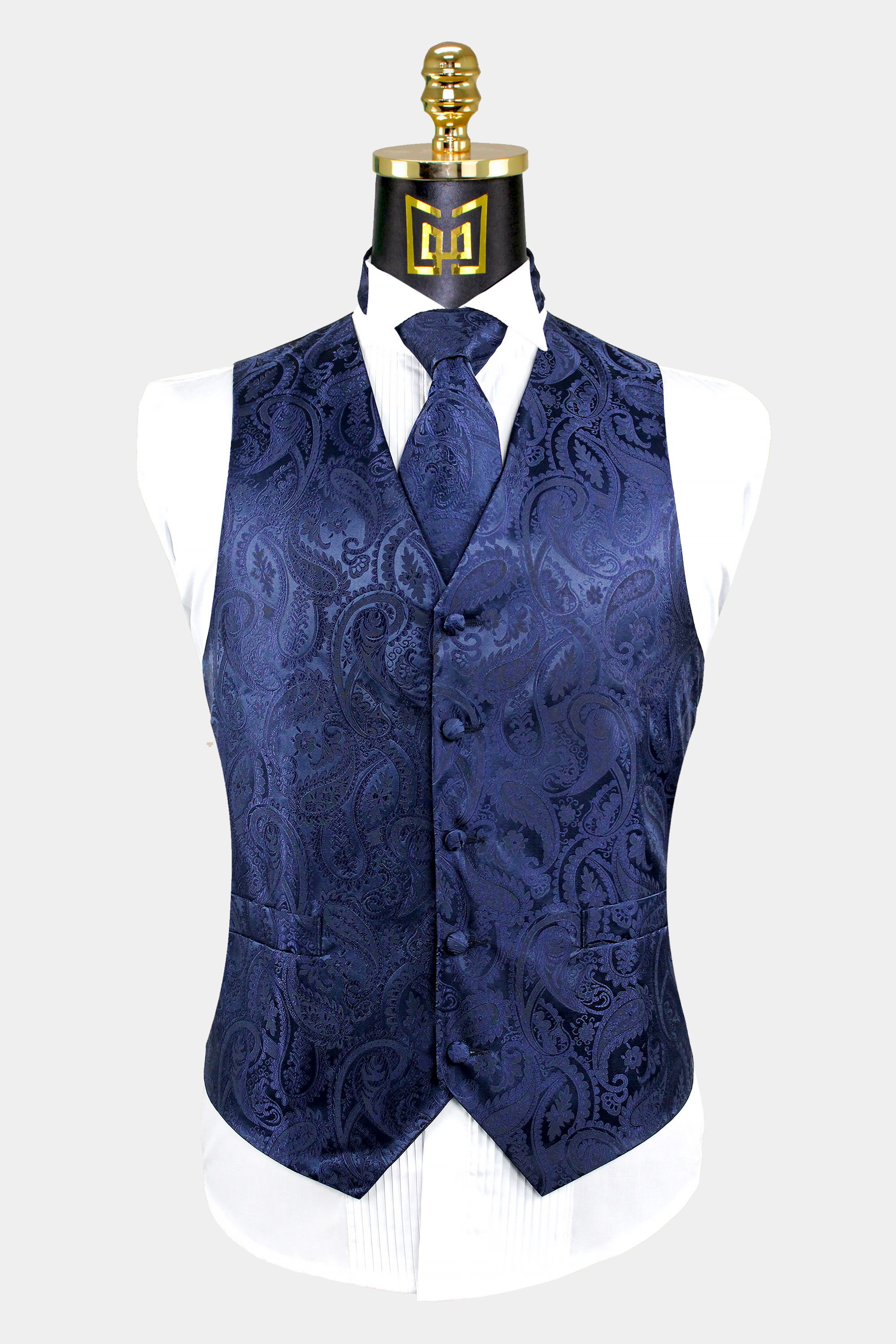 Navy Blue Paisley Vest & Tie Set- 3 Piece