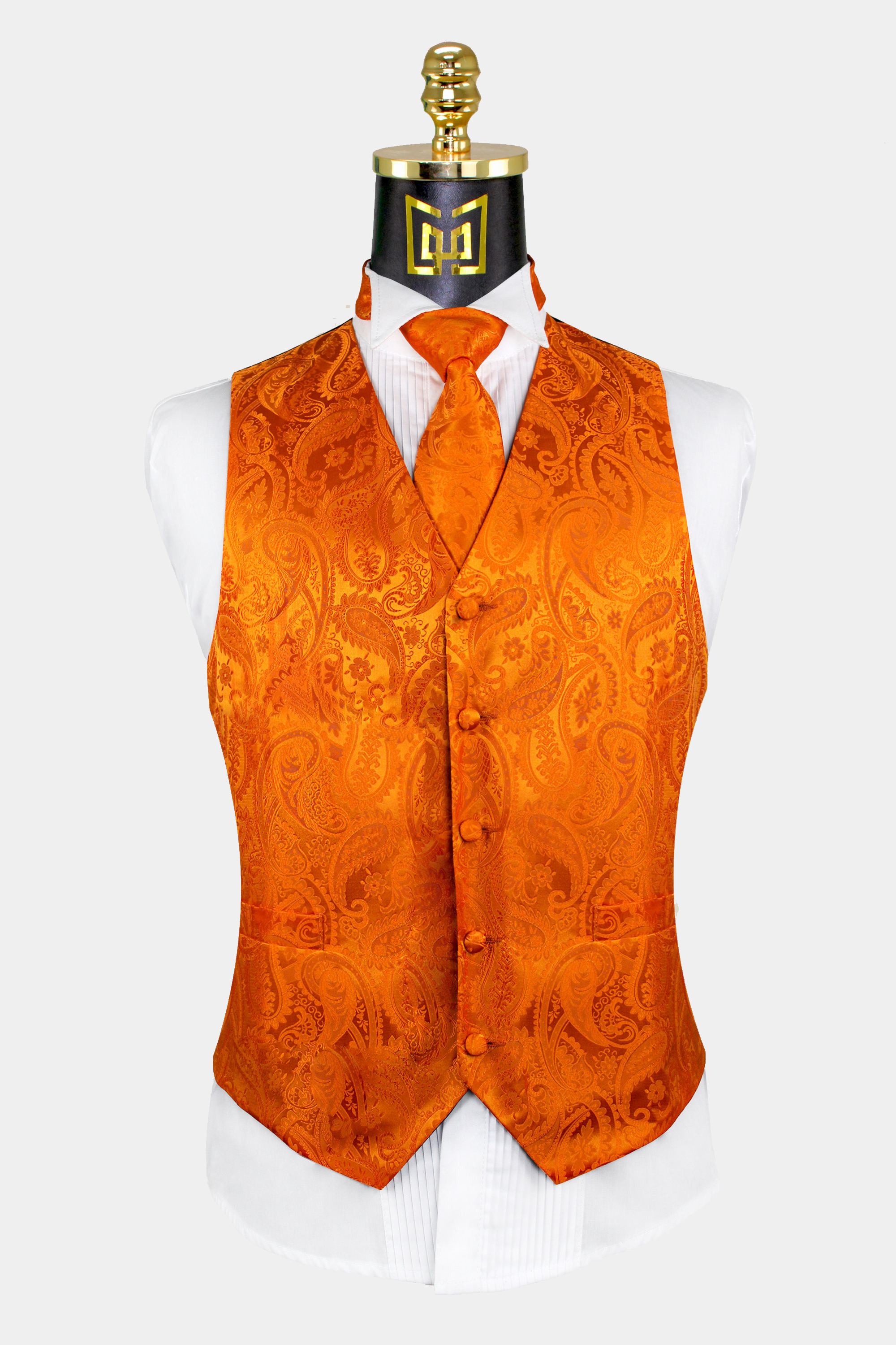 Orange Paisley Vest & Tie Set - 3 Piece