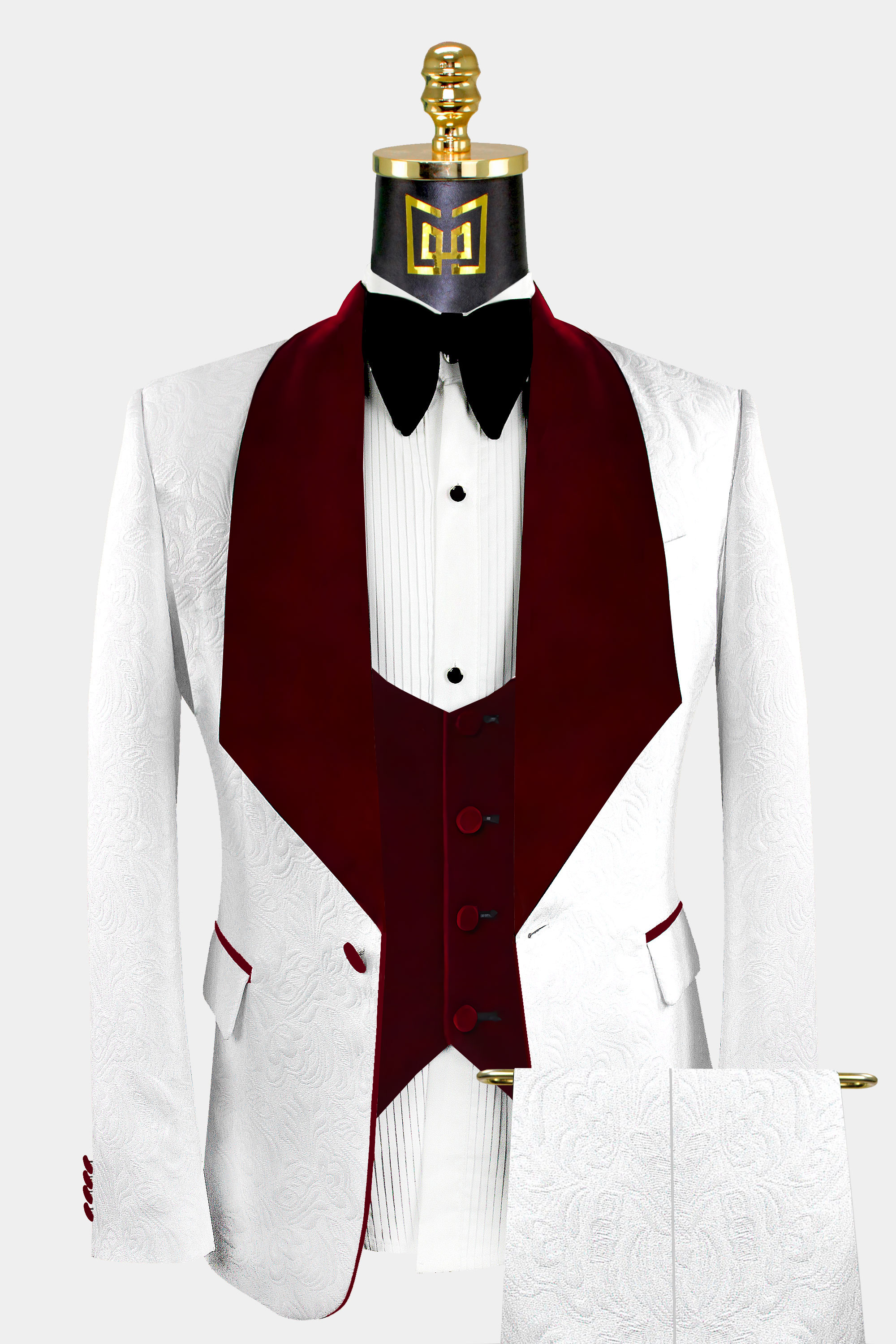 Floral White & Burgundy Tuxedo - 3 Piece