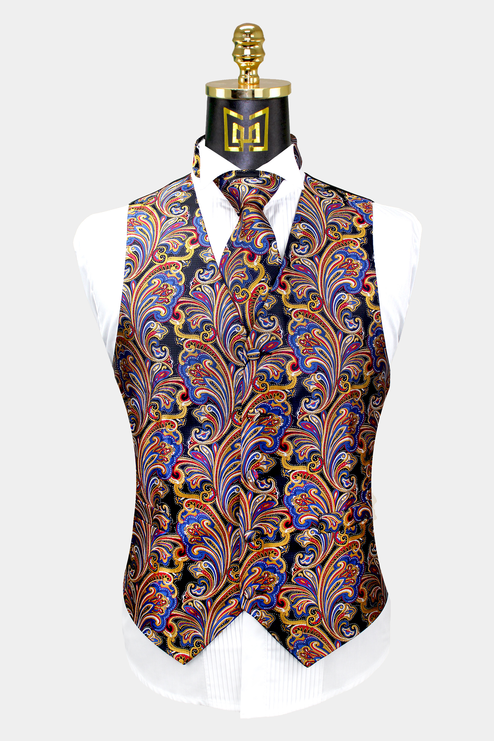 Excelent used condition Multi-color Antique floral print vest and tie set 