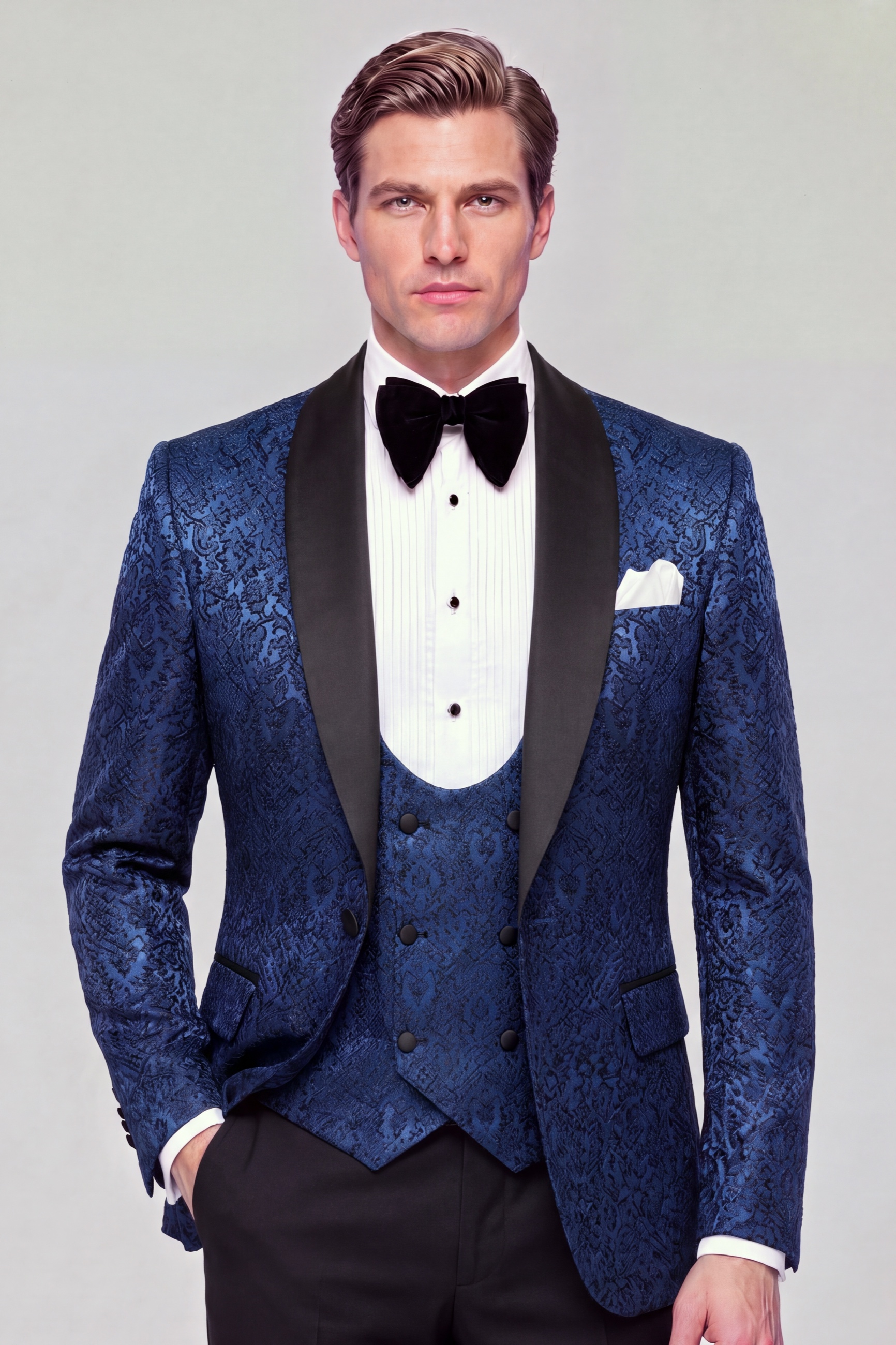 Model wearing a navy blue damask tuxedo with black satin shawl lapels, a six-button vest and solid black trousers from Gentleman's Guru