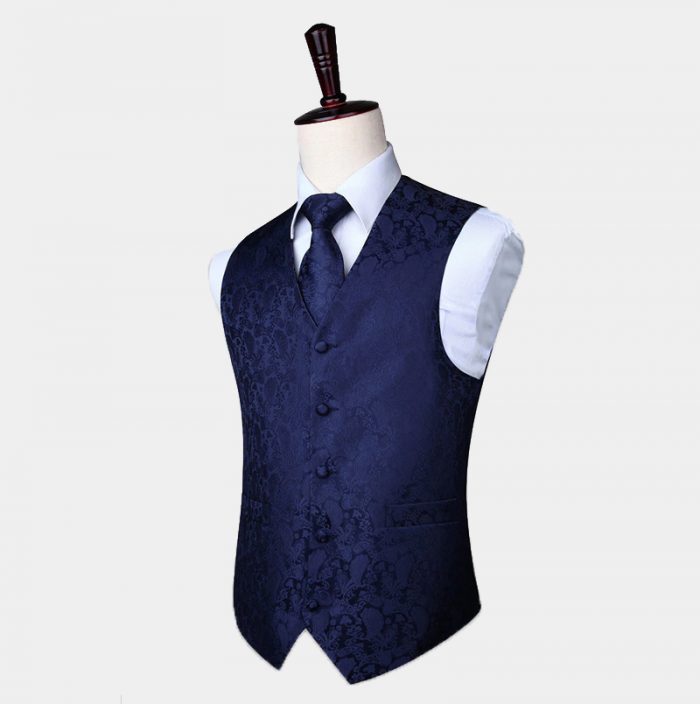 Navy Blue Paisley Waistcoat And Tie Set Gentleman's Guru
