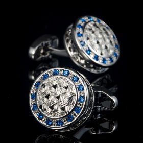 Vintage Round Silver Plated Blue Crystal Cufflinks