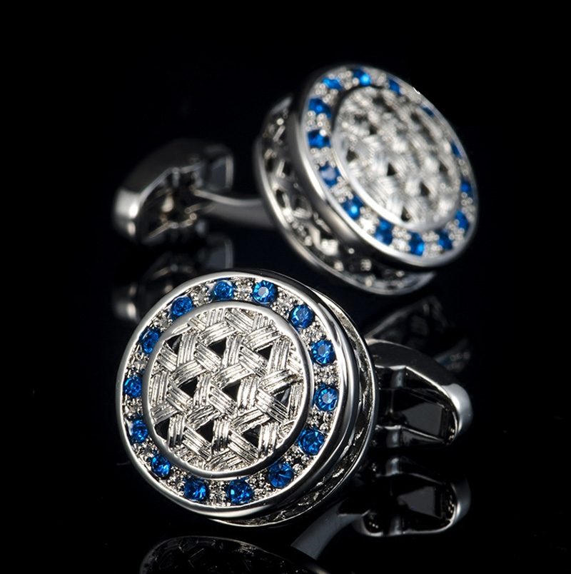 Round Silver And Blue Cufflinks With Crystal from Gentlemansguru.com