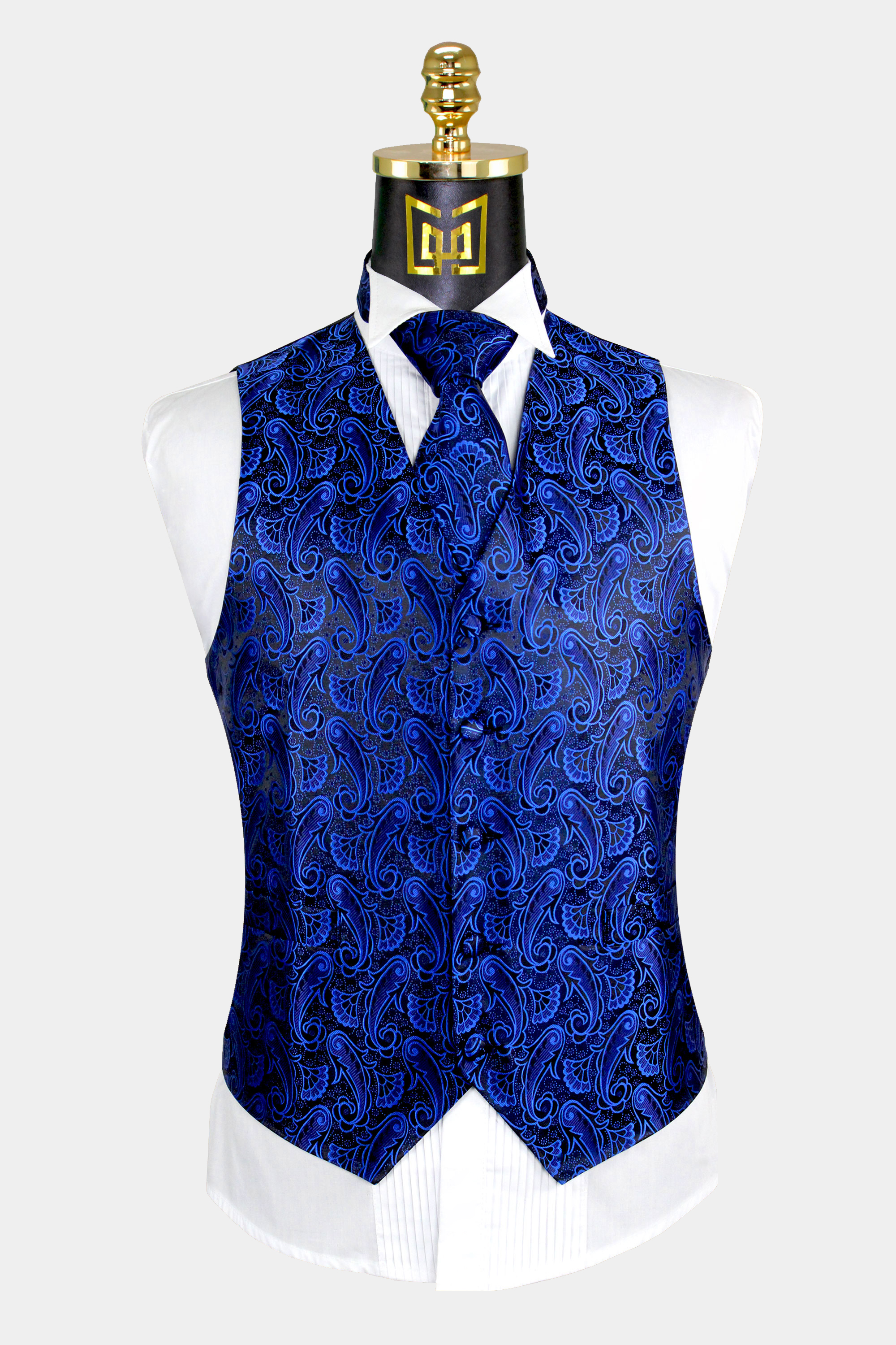 Royal Blue & Black Paisley Vest Set - 3 Piece