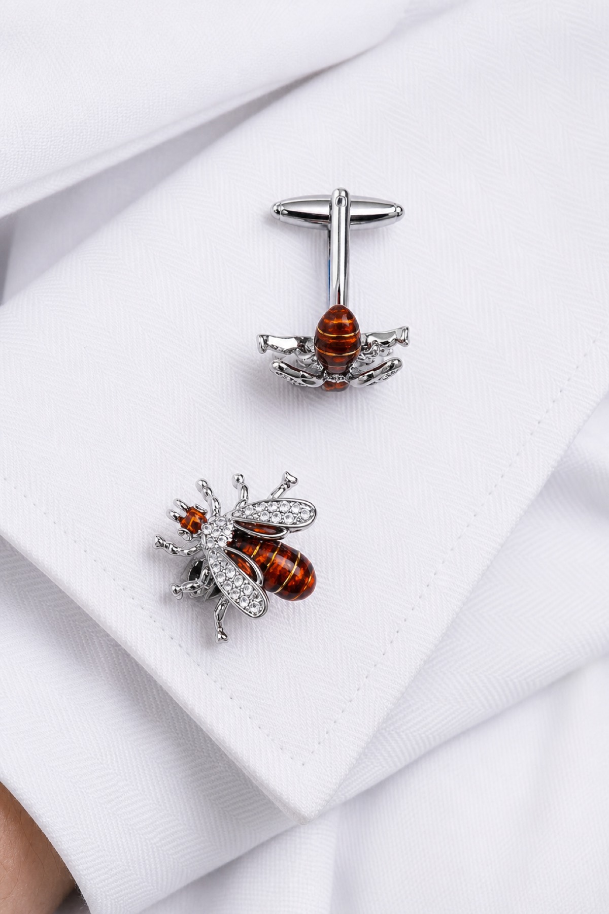 Crystal Bee Cufflinks on White Dress Shirt from Gentlemansguru.com