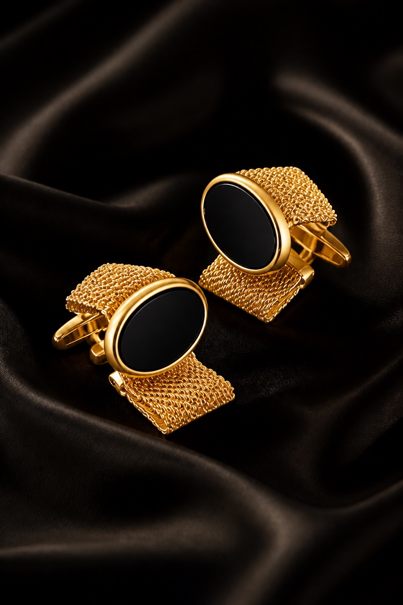 Gold Mesh Wrap Around Cufflinks with Black Onyx from Gentlemansguru.com