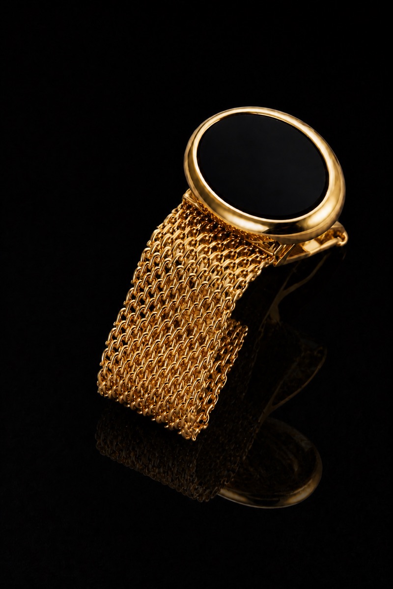 Luxury Black and Gold Mesh Cufflinks Side View from Gentlemansguru.com
