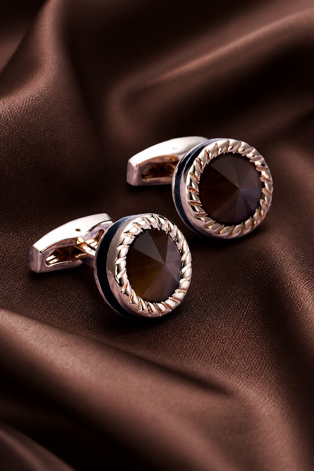 Rose Gold Brown Stone Cufflinks on Satin from Gentlemansguru.com