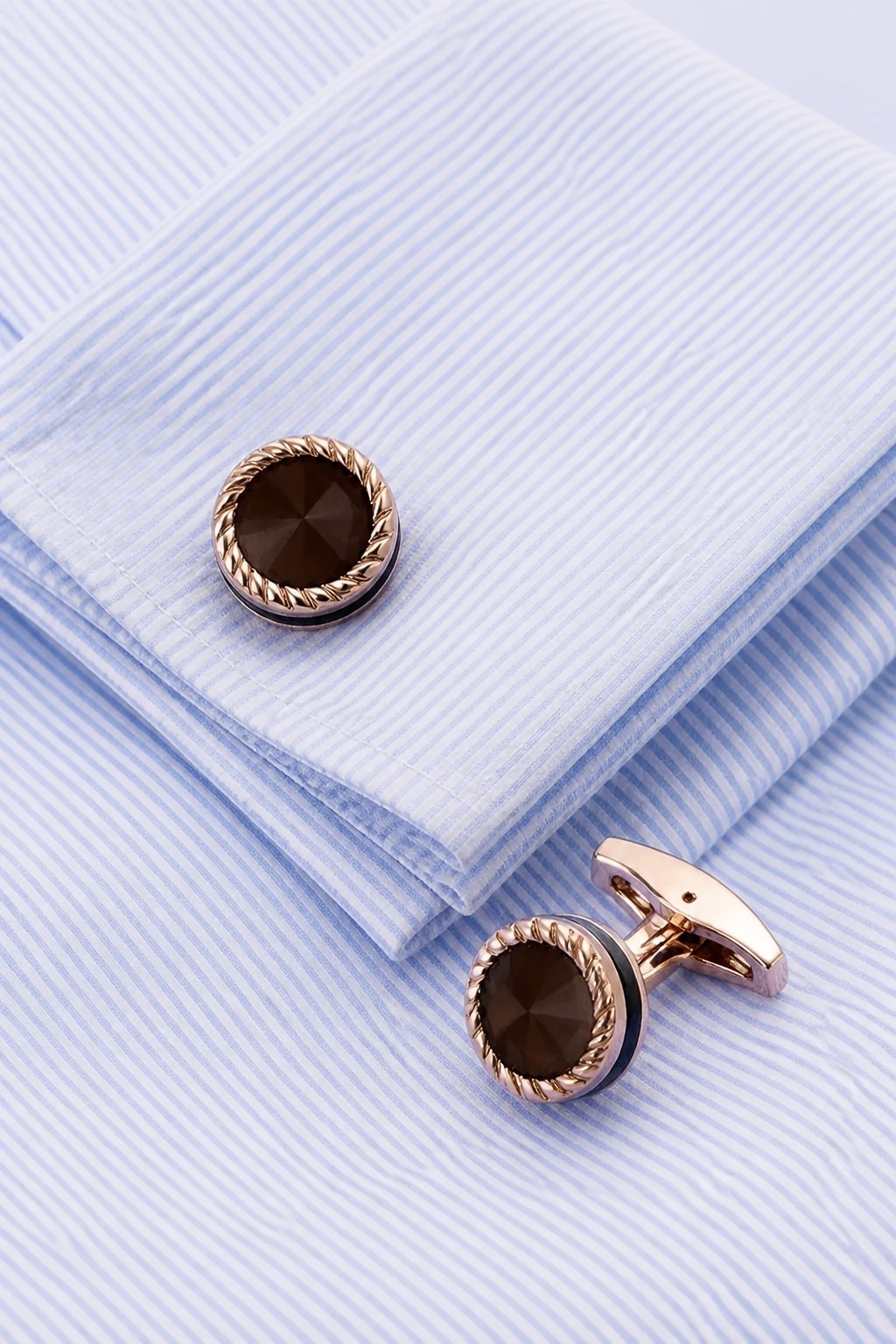 Rose Gold Cat’s Eye Cufflinks with Blue Dress Shirt from Gentlemansguru.com