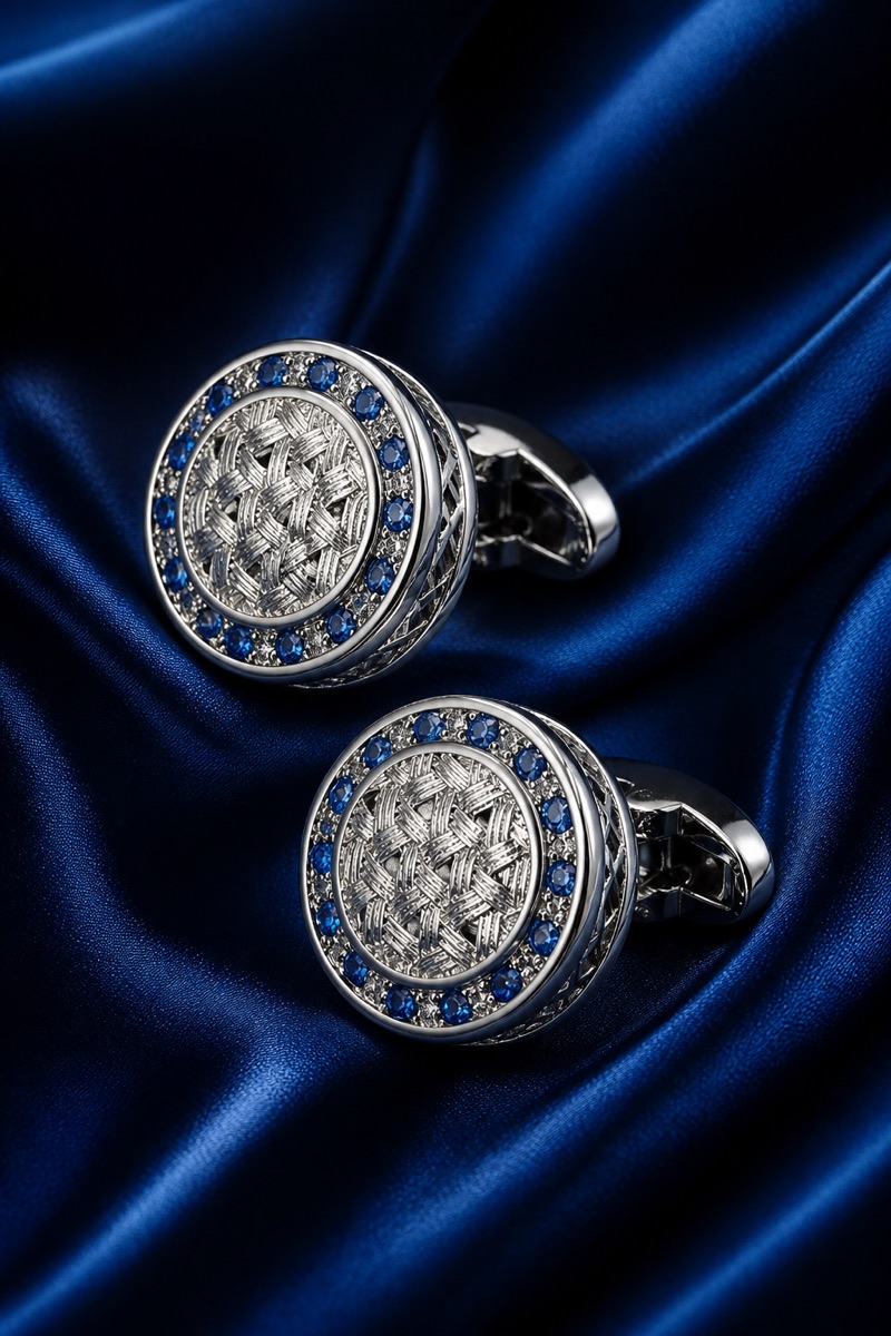 Round Silver and Blue Crystal Cufflinks from Gentlemansguru.com