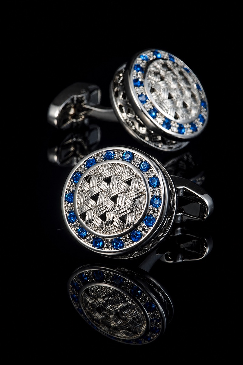 Round Silver And Blue Cufflinks With Crystal from Gentlemansguru.com