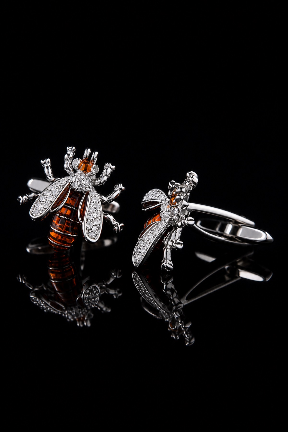Silver Crystal Bee Cufflinks with Amber Enamel from Gentlemansguru.com