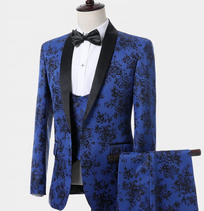 Blue And Black Tuxedo With Floral Print Gentleman's Guru