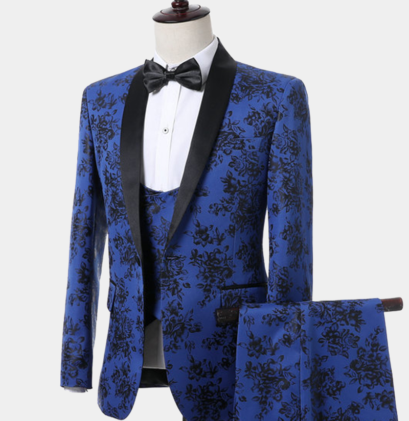 Blue And Black Tuxedo With Floral Print - Gentleman's Guru
