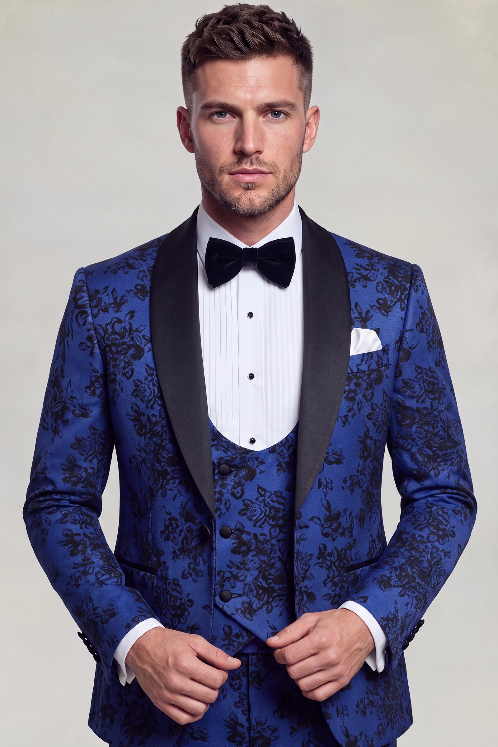 Blue and black floral three-piece tuxedo with satin shawl lapels and matching trousers