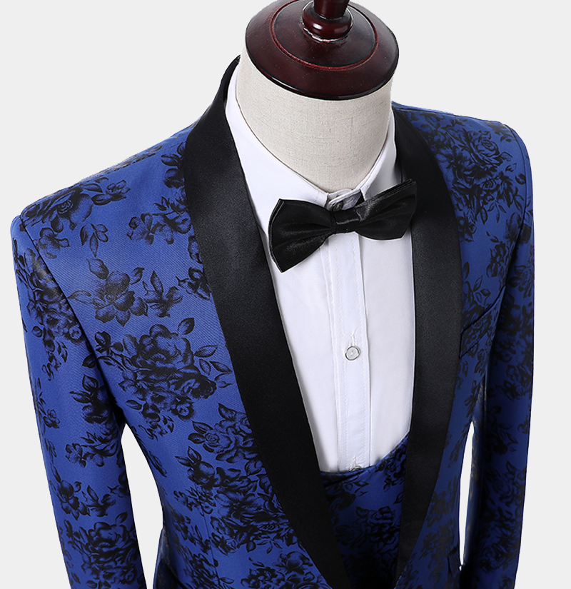 Fashion Habitat Pre-Tied Adjustable Bow Tie - Blue Floral Cotton With Strap, Men's Tuxedo Accessory