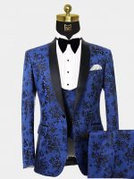 Blue & Black Tuxedo with Floral Print - 3 Piece